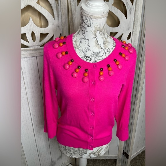 New! Kate Spade Jeweled Neck Long Sleeve Button Cardigan Bright Pink Medium - Picture 1 of 6